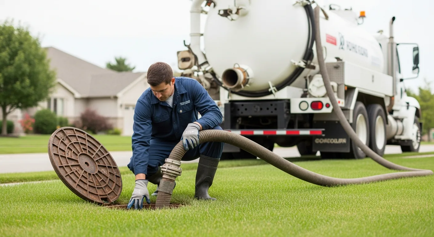 Septic service technician operating vacuum equipment at a residential property