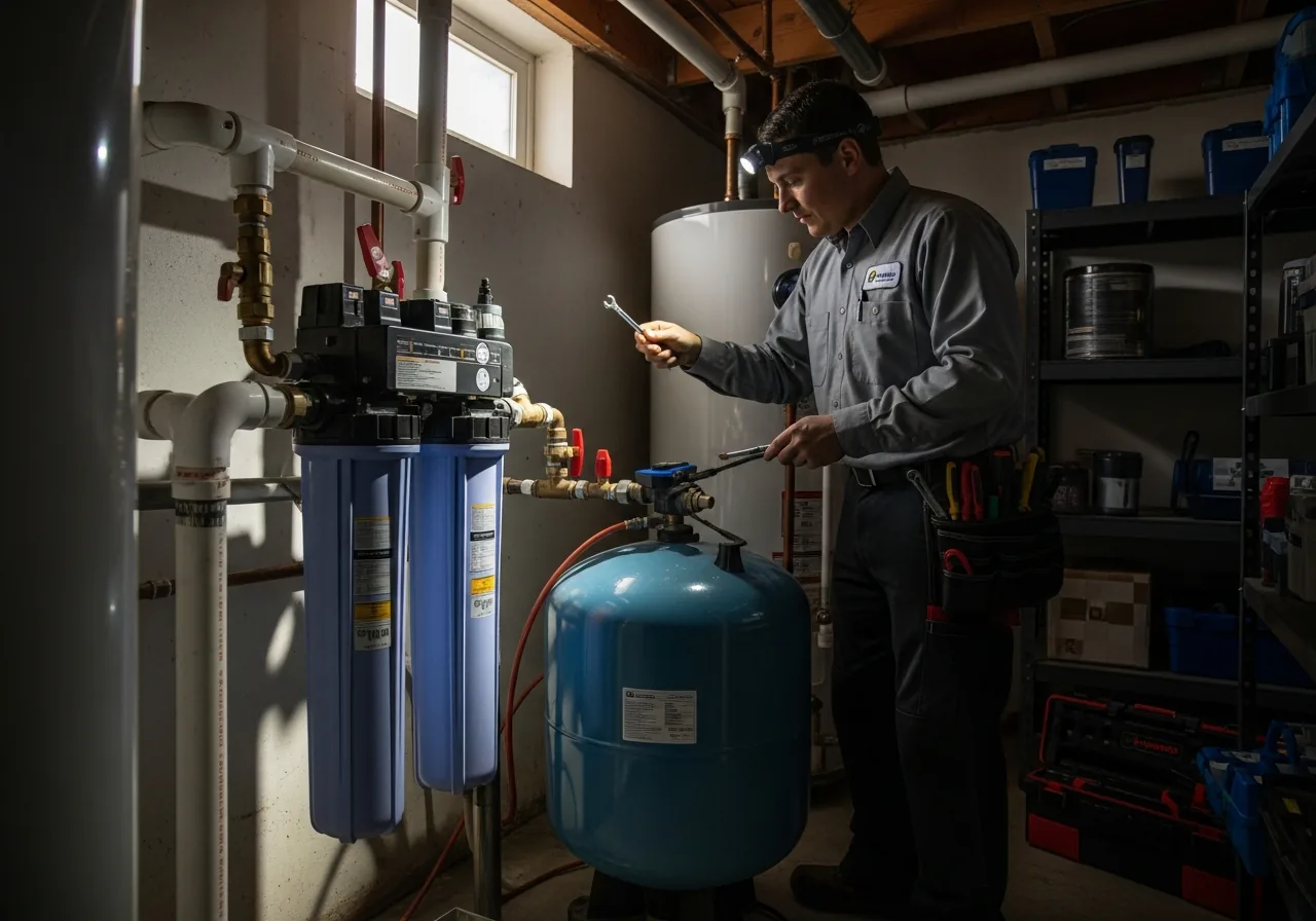 Water treatment technician inspecting filtration system